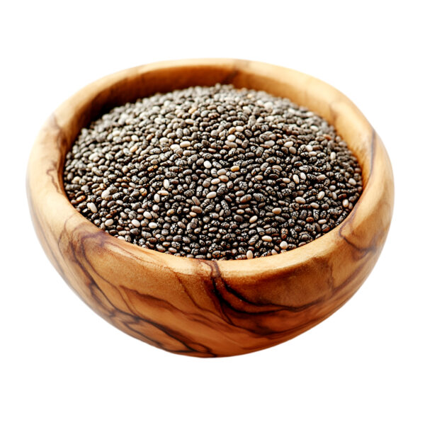 Chia seeds in an olive-wood bowl