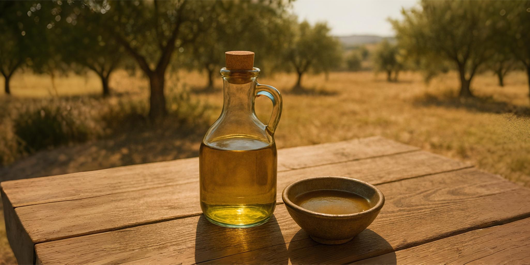 A glass jug of olive oil and a small bowl on a wooden table in an olive grove