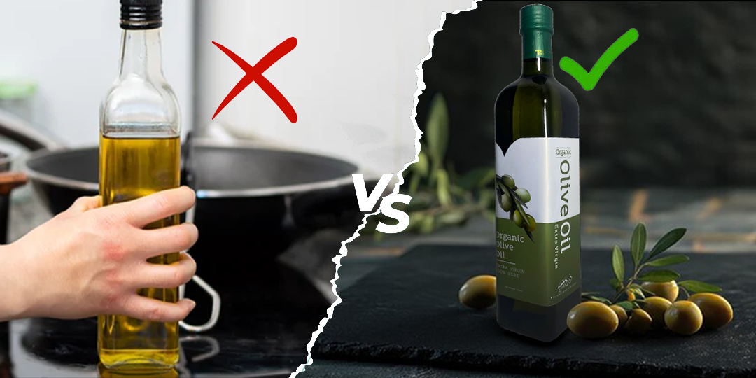 A plain bottle of oil beside a pan, set against a bottle of extra virgin olive oil and green olives