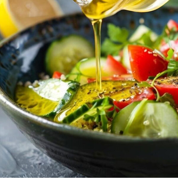 Olive oil poured over a salad of cucumber, tomato and herbs